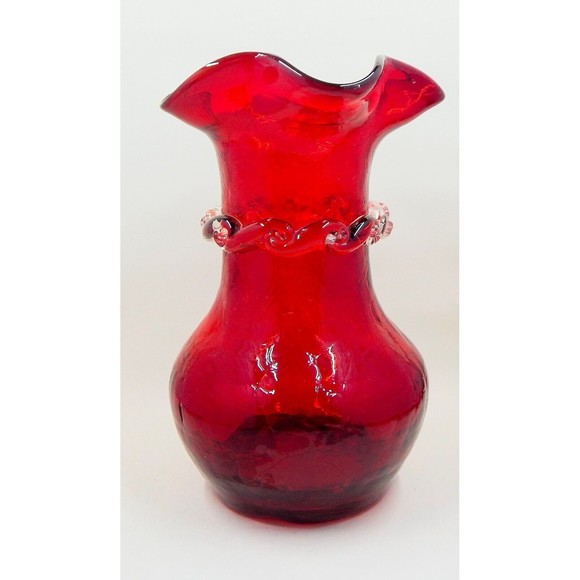 Kanawha Ruby Red Crackle Blown Glass Vase Applied Clear Rigaree Scroll - Picture 2 of 10